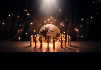 Leinwandbilder - Illuminated globe surrounded by figures in a circle. Light rays connect outwards in a dark setting, representing global connections and communication.