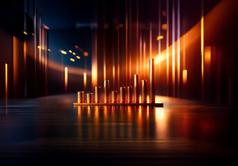 Aufkleber - Golden bars stand in a blurred dark space, illuminated by warm light. Abstract and futuristic scene with geometric shapes.