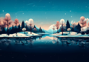 Aufkleber - Snowy winter landscape with a calm river reflecting trees and mountains under a starry night sky. Peaceful and serene scenery.
