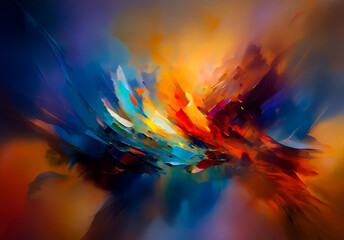 Poster - Vibrant abstract artwork with an explosion of color. Dynamic brushstrokes blend blue, orange, yellow, red, and white hues, creating a textured and energetic composition.