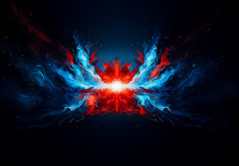 Poster - Vibrant digital artwork featuring abstract red and blue hues on a dark backdrop. Dynamic burst of color and light creates an energetic, dramatic and futuristic feel.