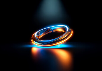 Leinwandbilder - Abstract torus form with vibrant blue and orange glowing light, illuminated by a spotlight against a dark backdrop. Reflective surface with dynamic illumination and shadows.