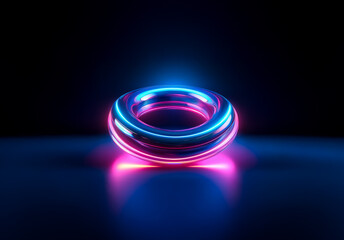 Poster - A luminous torus shape glows with vibrant neon blue and pink lights against a dark backdrop, creating a modern and abstract digital rendering.