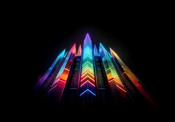 Aufkleber - Vibrant arrows ascend against a dark background, radiating a neon glow.  A dynamic and futuristic abstract design with sharp geometric shapes points upward.