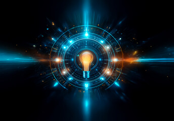 Leinwandbilder - A glowing lightbulb is centered within a circular technological design on a dark backdrop. Blue and orange light rays emanate outward, creating a futuristic, energetic, and bright abstract effect.