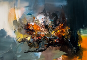 Poster - Dramatic abstract painting with a central burst of vibrant colors. Expressive brushstrokes create a dynamic and chaotic yet harmonious composition of contrasting hues and tones.