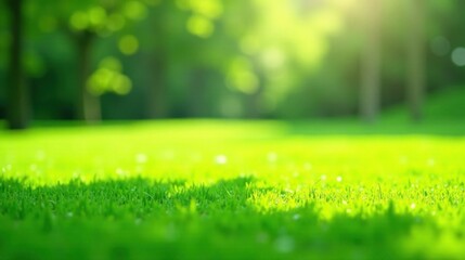 Aufkleber - Vibrant Green Meadow with Sunlit Grass Blades and Defocused Trees in the Background