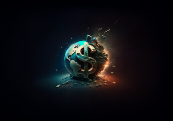 Aufkleber - A glowing globe with a dollar symbol bursts with energy, emitting bright light and fragments against a dark backdrop, symbolizing financial power and global impact.