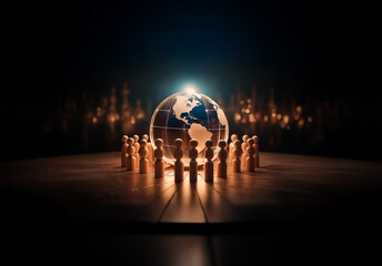 Poster - Wooden figures encircle a glowing globe on a dark stage, illuminated by spotlights.  A conceptual representation of global unity and connection.