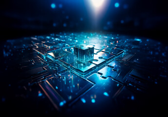 Aufkleber - Futuristic circuit board with glowing blue light emanating from a central cube, set against a dark backdrop with bokeh effect, showcasing advanced technology.