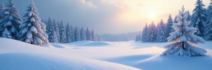 Wall Mural - Frosty landscape with snowdrifts and serene forest background, cold, frosty, snow