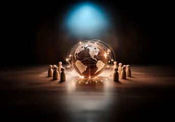 Aufkleber - Illuminated globe with network lines surrounded by silhouetted figures on a dark background, suggesting global connection and community.