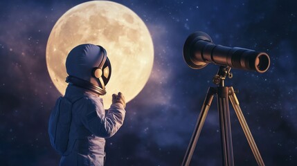 Child astronaut looking at full moon with telescope, exploring universe and dreaming of space travel