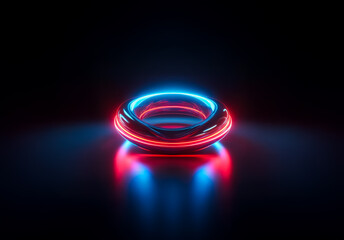 Aufkleber - Glowing ring with red and blue neon light on a dark reflective surface. The torus shape emits vibrant illumination, creating a futuristic and abstract scene.