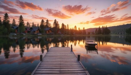 Sticker - Sunset over a tranquil lake with a wooden dock and houses along the shore, serene, water, warm