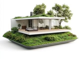 Wall Mural - a modern house with a garden and terrace on a small grass island, isolated on a white background