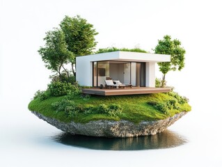 Wall Mural - a modern house with a garden and terrace on a small grass island, isolated on a white background