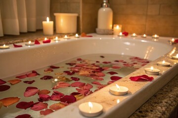 Sticker - The gentle warmth of the candlelit bathwater is enhanced by the sweet fragrance of rose petals floating on its surface, relaxing, water