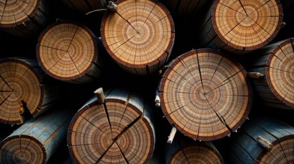 Aufkleber - A Close-Up View of Stacked Wooden Logs Revealing Intricate Growth Rings and Textured Surfaces