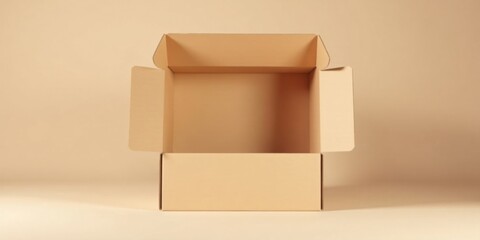 Poster - Open Cardboard Box on Neutral Background A Simple Packaging Concept for Product Display and Mockups