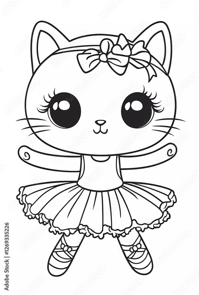 Cute, kawaii cat ballerina coloring pages for kids in black and white ...