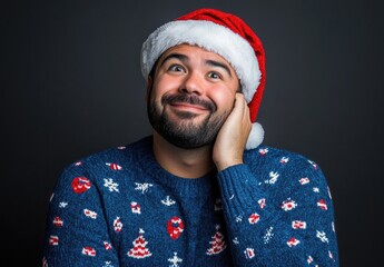 Wall Mural - an attractive man wearing a blue Christmas sweater and a Santa hat, posing and smiling while in thought, against a solid-colored background