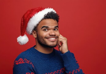 Wall Mural - an attractive man wearing a blue Christmas sweater and a Santa hat, posing and smiling while in thought, against a solid-colored background