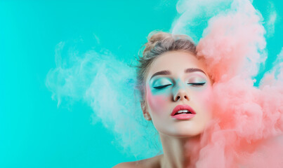 Aufkleber - woman with vibrant makeup surrounded by colorful powder on turquoise background