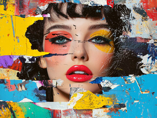 Aufkleber - vibrant pop art collage features female model with bold makeup and expressive colors