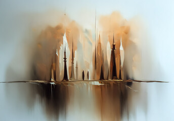 Aufkleber - Abstract cityscape painting with soft brushstrokes and brown tones. Reflected towers on a smooth surface create a dreamy, atmospheric scene.