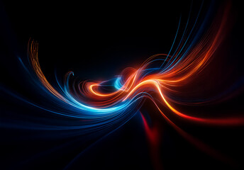 Poster - Abstract flowing lines of light in vibrant blue and orange hues illuminate a dark background, creating a dynamic and energetic visual.  The curved trails suggest movement and modern design.