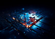 © YiuCheung - Glowing puzzle piece shaped chip illuminated on a dark circuit board. Futuristic tech concept with blue and orange light on a detailed electronic surface.