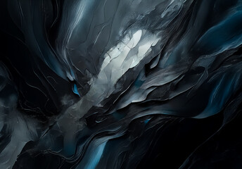 Poster - Abstract art with dark flowing forms in grey, black, and blue hues. Digital painting creating depth and movement in an elegant style.