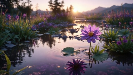 Canvas Print - the fading light of day highlights a single purple flower's beauty in the pond , tranquil, peaceful, water