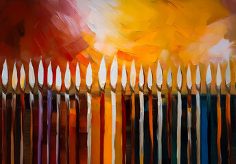 Aufkleber - Abstract painting with vertical lines in varied colors and pointed tips, set against a blurred, warm backdrop of orange, yellow, and red shades.