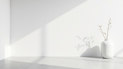 Aufkleber - Serene Minimalist Interior with Simple White Vase and Delicate Blooms Casts Shadow on Pristine Wall