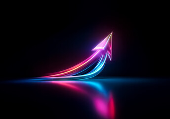 Aufkleber - A glowing neon arrow dynamically points upwards, illuminating a dark reflective surface with vibrant pink, blue, and purple hues, suggesting forward motion and progress.