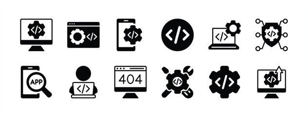 Computer and mobile programming code vector icon set. Containing coding, software development, application, programmer, testing, website, 404, error, button, technology, setting