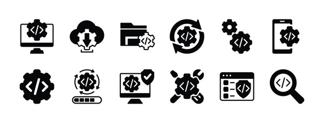Software programming code technology icon vector set. Searching computer, mobile, download, folder, process, upgrading, progress, search, website, development