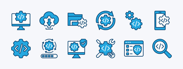 Set of software programming code technology icon. Searching computer, mobile, download, folder, process, upgrading, progress, search, website, development. Vector illustration