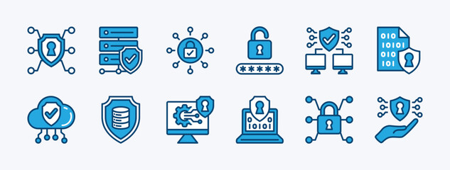 Set of secure, safety, protection, lock, padlock and security shield technology of encryption icon vector. Containing data, secret code, cyberspace, cloud computing, computer, server, connection