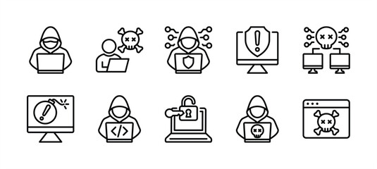 Hacker thin line icon set. Containing hacking and access a computer, website, network, coding, virus, attack, cyber security, server, warning, database. Vector illustration
