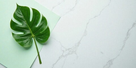 Poster - Serene Leaf on Pale Green and White Marble Background, Perfect for Minimalist Design Projects and Natural Beauty Themes