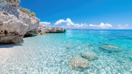 idyllic turquoise beach, clear water, rocky shore, summer vacation