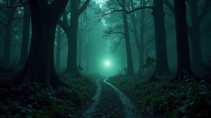 Poster - Mysterious Forest Path Winding Through Enigmatic Fog-Shrouded Trees Towards an Ethereal Glow