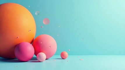 Leinwandbilder - Pastel Spheres Falling on a Light Blue Background, a Minimalist Abstract Composition Featuring Various Sizes and Shades of Pink and Orange, Evoking a Sense of Playfulness and Lightness