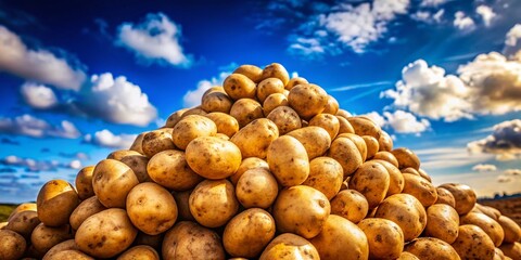 Wall Mural - Vintage Photo: Rustic Potato Tower, Blue Sky, Nature Background