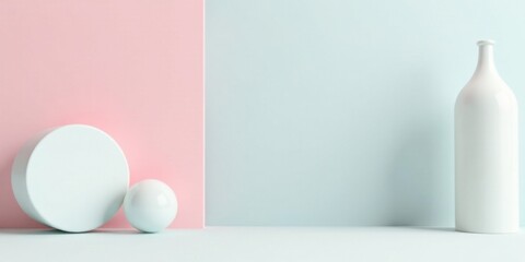 Poster - Pastel-colored background with minimalist white shapes a cylinder, sphere, and bottle. A serene and simple composition, ideal for product displays or decorative purposes.