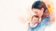 © Q STOCK - Tender mother holding baby loving embrace watercolor painting art illustration woman child infant girl family portrait motherly love gentle
