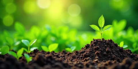 Aufkleber - A vibrant young sprout emerges from fertile soil, surrounded by lush green foliage under the warm glow of sunlight, symbolizing growth, renewal, and the promise of a flourishing future.
